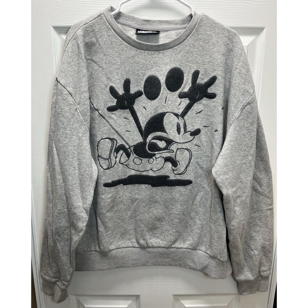 Disney Mickey Mouse Chenille Graphic Crewneck Sweatshirt Gray Size L￼